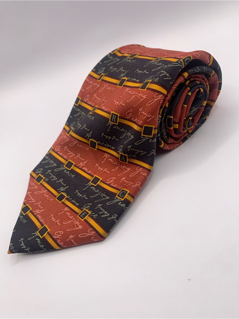 Men's Script Stripe Tie in Black and Rust with Gold Accents-Amazing Grace